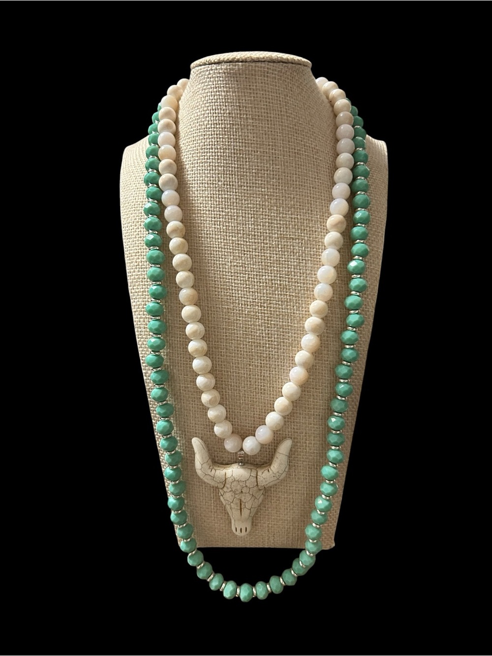 White and Turquoise Glass Beaded Necklace with Bull Pendant - Women Jewelry